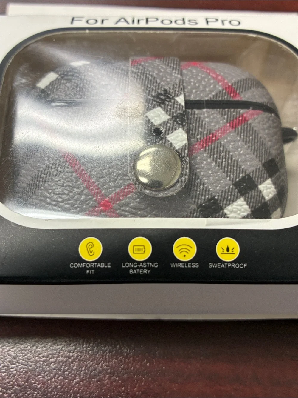 Plaid Gray AirPods Pro Case Cover with Red Accent - Compatible